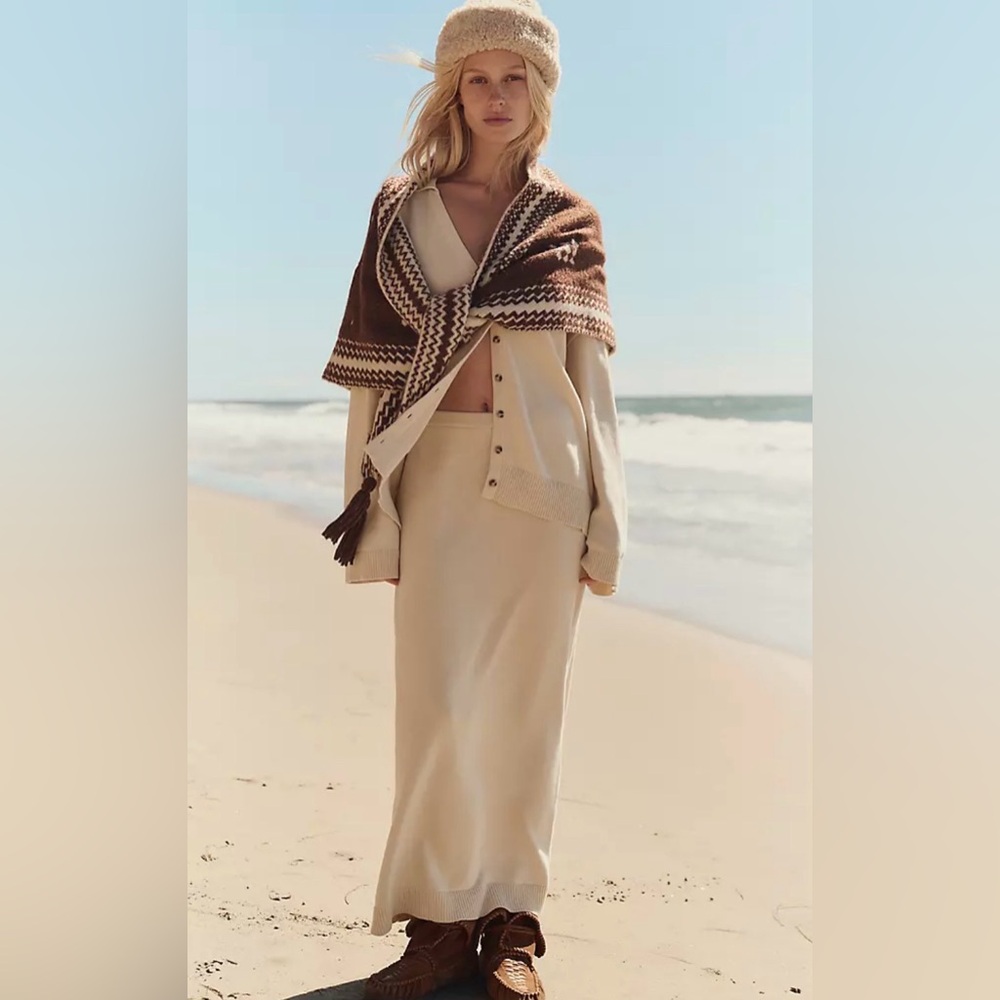 Free People Beach Cream Knit Maxi Skirt Boho Elastic Waist Neutral Size XS